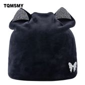 TQMSMY Rhinestone Autumn Winter Knitted Beanies Skullies For Women Outdoor Slouchy Bonnet Casual Cat Ear velvet Hat Caps TMDH25