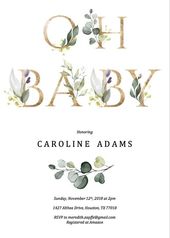 Greenery Baby Shower Invitation Template, Editable Greenery Baby Shower Invitation, Oh Baby Invitation, Greenery and Gold, Instant Download