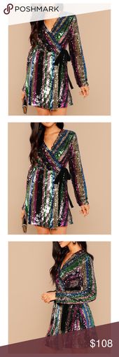 Colorful Rainbow Wrap Sequin Cocktail Dress V Surplice Neckline Long Sleeve Shea...