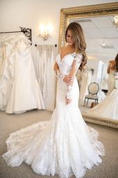 Prom Dress Classy, Sexy Mermaid Long Sleeves Lace Sweetheart 2020 Wedding Dresses