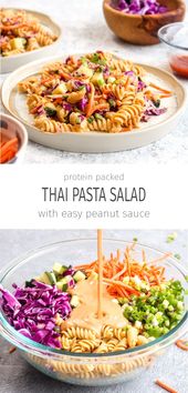 Protein Packed Thai Pasta Salad is a healthy 20 minute dinner recipe. It packs i...