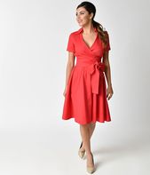 1940s Style Red Cotton Short Sleeves Swing Dress