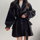 Women Solid Wool Blend Coat Slim Fit Belt Coats Female Warm Plus Cotton Thicker V-neck Office Lady Elegant Trendy Button Outwear - black-regular / S
