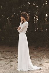 Brautkleid lange Spitzenärmel Rückenausschnitt Boho Hochzeitskleid Vintage Bra...