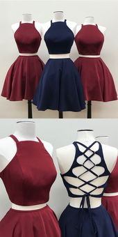 Burgundy Short Two Piece Homecoming Dress, Two Piece Short Navy Blue Homecoming Dress