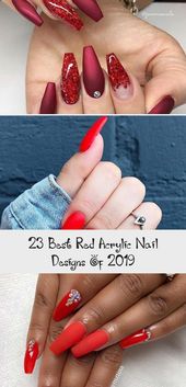 Elegant, Matte Red Nails with Rhinestones #almondacrylicnails #mattenails #redna...