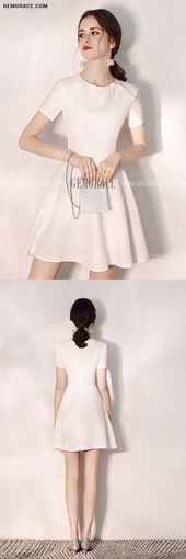 Cute Bow Knot Round Neck Little White Hoco Dress With Sleeves Ref#HTX97072 at Ge...