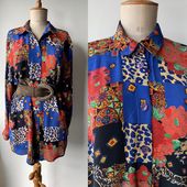 1980s colorful animal & floral print vintage blouse,blue floral blouse,vintage womens shirt,80s maximalist leopard blouse,Divina Switzerland