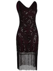 Vintage Inspired Sequin Embellished Fringe Prom Gatsby Flapper Dress - Medium Wine Red