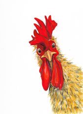 original rooster art, cockerel painting, farm animal, farm yard animal, chicken,...