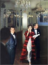 Anne St. Marie in plaid wool, vented steamer coat lined in white satin over thin silk satin dress slashed and latticed with white paillettes and silver thread by Ben Reig, diamonds by Harry Winston, photo by Henry Clarke, Vogue, September 1, 1958