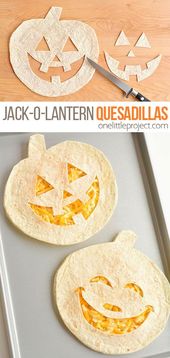These jack-o-lantern cheese quesadillas are such a fun idea for Halloween! They...