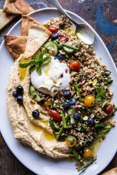 Farro Tabbouleh with Burrata and Hummus.