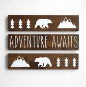 Adventure Awaits Wood Sign, Woodland Nursery Decor Boy, Mountain Nursery Decor, Baby Bear Nursery Decor, Adventure Nursery Decor, Set of 3