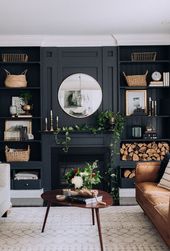 Black panelled walls in living room with fire place and built ins