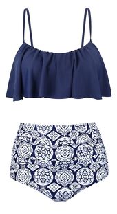Womens High Waisted Swimsuits Flounce Top Bathing Suits Swimwear - Navy - CH185E...