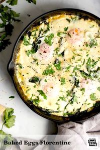 Baked Eggs Florentine, with cream and cheese. This is a rich and indulgent dish, perfect for a celebratory brunch or weekend supper. #bakedeggs #brunchideas #breakfast