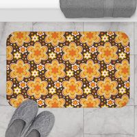 Retro Vintage Boho Floral Bath Mat Rug Mid Century Modern Abstract Bathroom 60s 70s Room Decor, Orange Yellow Brown Groovy Flowers