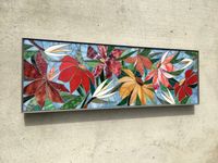 "MADE TO ORDER This colorful 1x3 ft floral mosaic recently sold in our Etsy shop. If you you would like a piece similar in design to this it is being offered as a MADE TO ORDER item. The color palette can be customized to suit your decor. ------------------------------------------------------- THIS LISTING: FLORAL MOSAIC PANEL size: 3ft x 1ft - 1\" thick Designed to flow vertically OR horizontally. Indoors or out. Metal inlay frame with with your choice of color finish. Hangs easily on two level