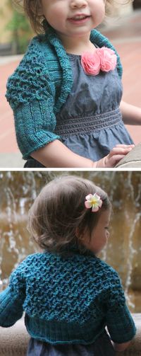 Free Knitting Pattern for Baby Lace Shrug - Lace shrug with 2 ribbing options. Sizes doll, 6 months, 12 months, 2 years, 4 years, 6 years, 8 years, 10 years. Designed by Gabrielle Danskknit, Pictured projectby ilovemath