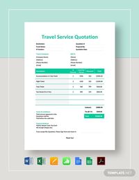 Instantly Download Travel Service Quotation Template, Sample & Example in PDF, Microsoft Word (DOC), Microsoft Excel (XLS), Google Docs, Apple Pages, Google Sheets, Apple Numbers Format. Available in A4 & US Letter Sizes. Quickly Customize. Easily Editable & Printable.