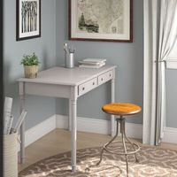 Whether you run your business from home or just need a spot to craft DIY masterpieces, this desk is an ideal anchor for your workspace. Crafted from solid and manufactured wood, its traditional frame features turned legs and a neutral solid finish for versatility. It includes two drawers for tucking away important papers and pens. Color: Gray | Traditional Gray Wood Desk | Alcott Hill® Lyndsay Desk Wood in Gray, Size 30.25 H in | Wayfair