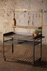 Industrial Furniture Industrial Metal and Wood Potting Station, Hooks Included