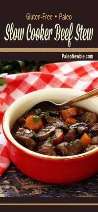 Hearty and delicious paleo and gluten-free beef stew loaded with veggies, fall seasonings, and a bit of wine. Very simple slow cooker recipe! #paleo #glutenfree #stew