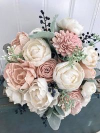 Blush and ivory peony and rose wedding bouquet, and Sola wood flowers #weddingideas #destinationweddingplanner