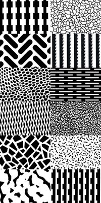 Memphis Patterns. Above, left to right, top to bottom: Michele De Lucchi, “Fantastic,” 1981; Ettore Sottsass, “Rete 2,” 1983; Michele De Lucchi, “Traumatic,” 1983; Michele De Lucchi, “Micidial,” 1981; Ettore Sottsass, “Serpente,” 1979; Ettore Sottsass, “Lamiera,” 1983; Christoph Radl, “Isole,” 1982; Michael Podgorschek, “Argilla,” 1982.