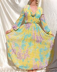 1970s Saks Fifth Ave Yellow "Peacock" Pleated Maxi Dress