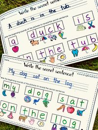 Identify the pictures. Write or stamp the beginning sounds to reveal the secret sentence. Read the sentence and write it with the correct punctuation.
