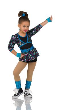 Bootytard With Attached Skirt: Black spandex and multi-colored sequin spandex; Jacket: (Removable) Multi-colored sequin spandex Trim: Turquoise foil belt and binding and black sparkle buckle; Foil Headpiece And Legwarmers Included; For Fishnet Mitts Order # Ba15-58; #dancecostumes #dance #dancecompetition #artstonethecompetitor #tinydancers