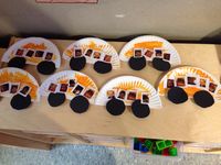 Easy school bus art for 2 year olds. Half a paper plate, some paint and pictures. They choose who they want to put on the bus from all the kids.