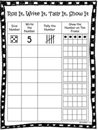 Roll, Write, Tally and Show can be used during center time or in small group. This activity helps students to recognize numbers on a dice as well as different ways to represent the number. Helps students to improve number sense of numbers 1-6.
