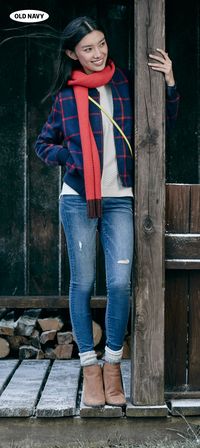 Grab our plaid wool-blend bomber jacket, a cherry-red scarf, slightly distressed denim, and ankle booties. Perfect weekend outfit, sorted.