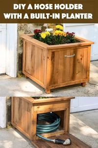 Build a unique hose holder using recycled pallet wood! This wooden holder has a special feature; you can plant your favorite flowers on top. I love it!