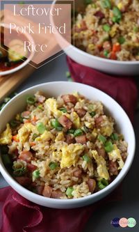 Easy leftover pork fried rice is made with pre-cooked rice, and leftover pork. It is quick, delicious, and tastes way better than takeout! #recipe #leftovers #pork #porkfriedrice #friedricerecipe #friedricewithegg