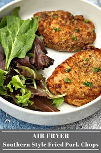 Air Fryer Southern Style Fried Pork Chops is an easy recipe using boneless pork chops, buttermilk, and zesty seasoning to provide the perfect crunchy texture. This recipe provides a lightened-up way to enjoy a down-home comfort food meal with the great taste of soul food cooking. #AirFryer #AirFryerRecipes #Pork #PorkChops