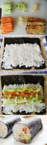 #Vegan Sushi Rolls - sticky rice, baked tofu, avocado, carrot, cucumber, spring onion, sesame seeds, pickled ginger & teriyaki sauce, wrapped in nori
