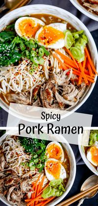 This Spicy Pork Ramen is delicious and completely homemade. Delicious slow cooked pork with perfectly cooked noodles, crunchy veggies, a just-slightly-runny egg with a broth that's full of that delicious umami flavour! #ramen #noodlesoup #pork #bowlfood #recipes #asianfood