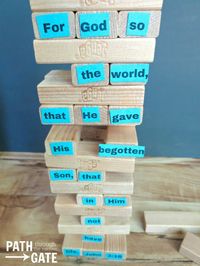 Memory Verse Game = Jenga! ... Play Jenga as usual, but each time someone successfully removes a Jenga block, repeat the verse together. At first, you will be able to read the Jenga verse pieces, but it will get harder as the verse pieces get more and more mixed up. When the Jenga tower falls, put your verse together in the correct order.
