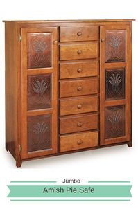 Two solid wood cupboard doors open to reveal abundant storage space for china, pitchers, and other dining essentials in addition to pies. The vintage Amish design features raised panel wooden doors, or an upgraded choice of wheat tin or diamond leaded glass cabinet doors.