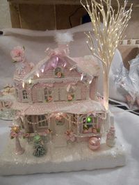 shabby pink victorian christmas village fiber optic house chic roses glitter