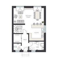 ProHaus Ausbauhaus - moderne Doppelhaushälfte ProGeneration 132 mit offenem Wohn-, Ess-, Kochbereich und Flachdachgauben.