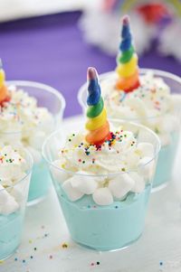 Unicorns and rainbows is killer combination, especially for a unicorn party! These fun rainbow unicorn dessert cups feature blue mousse, marshmallows, whipped cream and sprinkles. The star of this dessert are the chocolate rainbow unicorn horns!