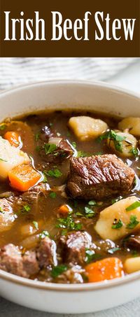BEST Irish Beef Stew! Made with beef, garlic, stock, Irish Guinness stout, red wine, potatoes, carrots, and onions. A hearty stew perfect for celebrating St. Patrick's Day! #BeefStew #IrishStew #Irish #StPatricksDay