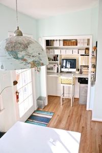Simple, vintage, rustic, resourceful. Turn spare bedroom closet into a craft/work station. Our large filing cabinet (repaint silver with blackboard chalk stripe running horizontally at eye level)