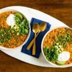 With lots of fresh veggies and healthy lentils simmered in a flavorful coconut broth, this Curried Red Lentil Coconut Soup is a delicious meal in one!
