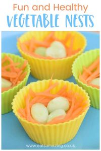Fun and healthy vegetable nests for kids - cute Easter food idea for party food snacks and lunch boxes #EatsAmazing #Easterfood #kidsfood #funfood #easter #foodart #snackideas #healthykids #partyfood #easterparty #easterrecipes